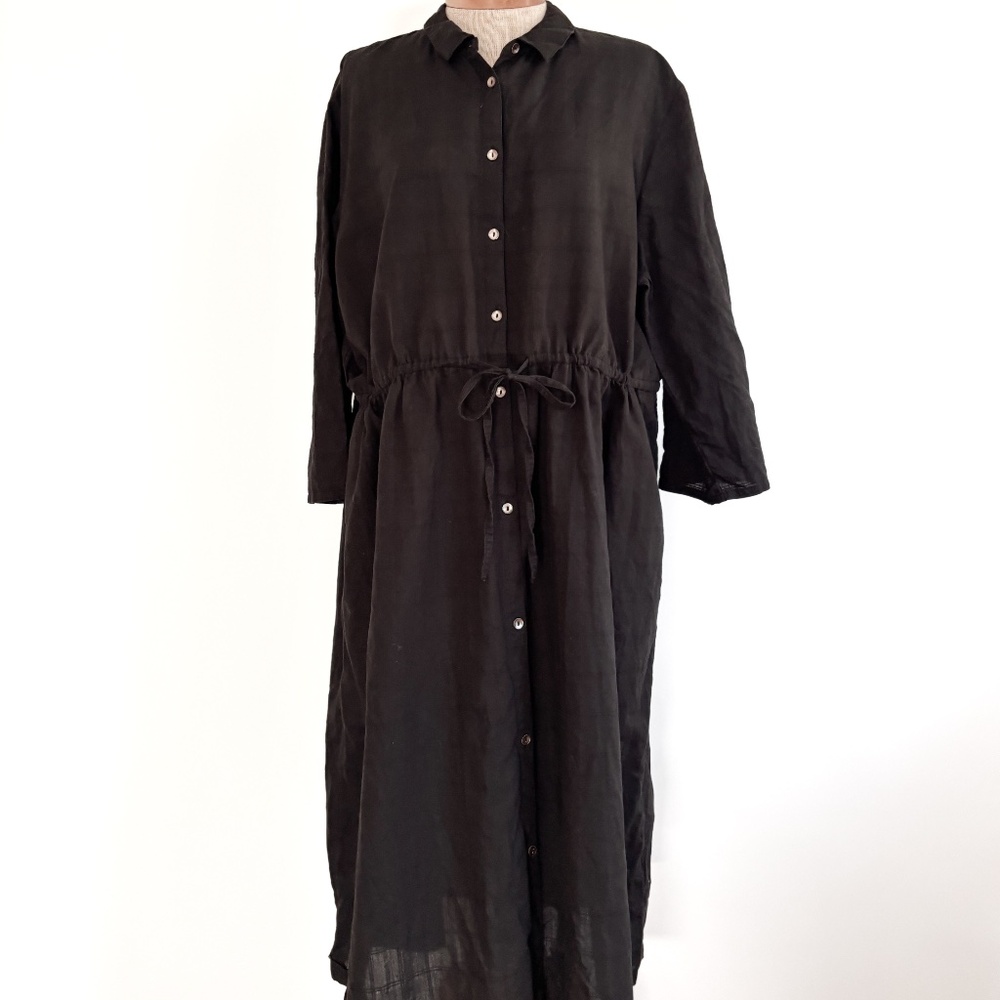 Gudrun Sjoden Organic Cotton Linen Black Windowpane Dress Pockets XL Lagenlook